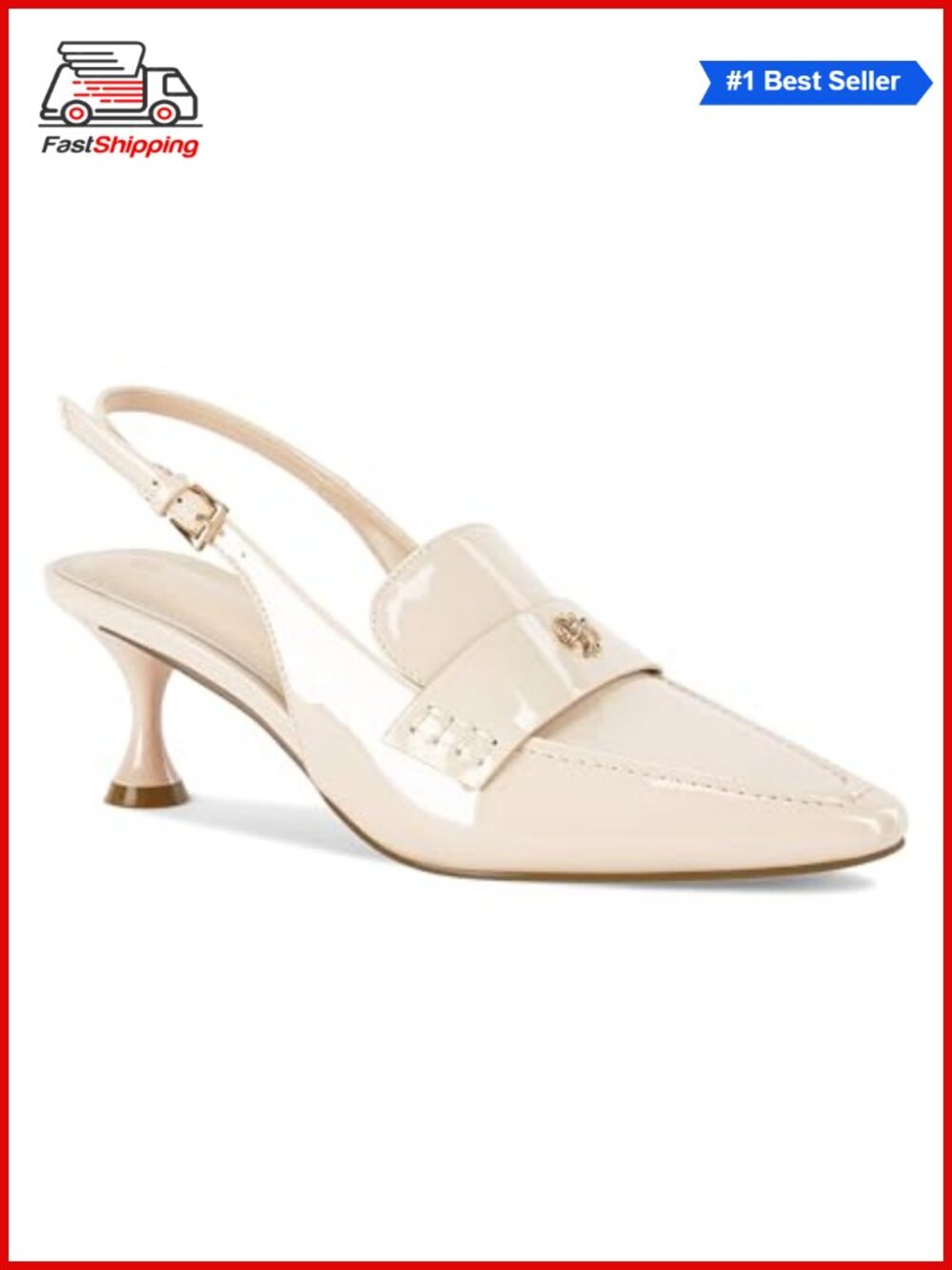 ✨ Coutgo Pointed Toe Slingback Kitten Heel Pumps Ankle Buckle Faux Leather